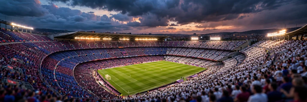 ملعب كامب نو مضاء ليلاً قبل كلاسيكو برشلونة وريال مدريد — التشكيل المتوقع - كورة لايف