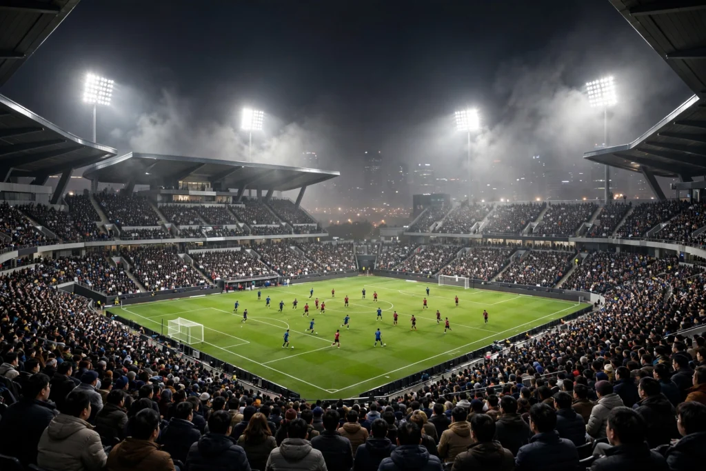 ملعب مضاء ليلًا خلال مباراة في دوري أبطال آسيا للنخبة، مع جماهير غفيرة وأجواء حماسية قبل مواجهات الأندية السعودية